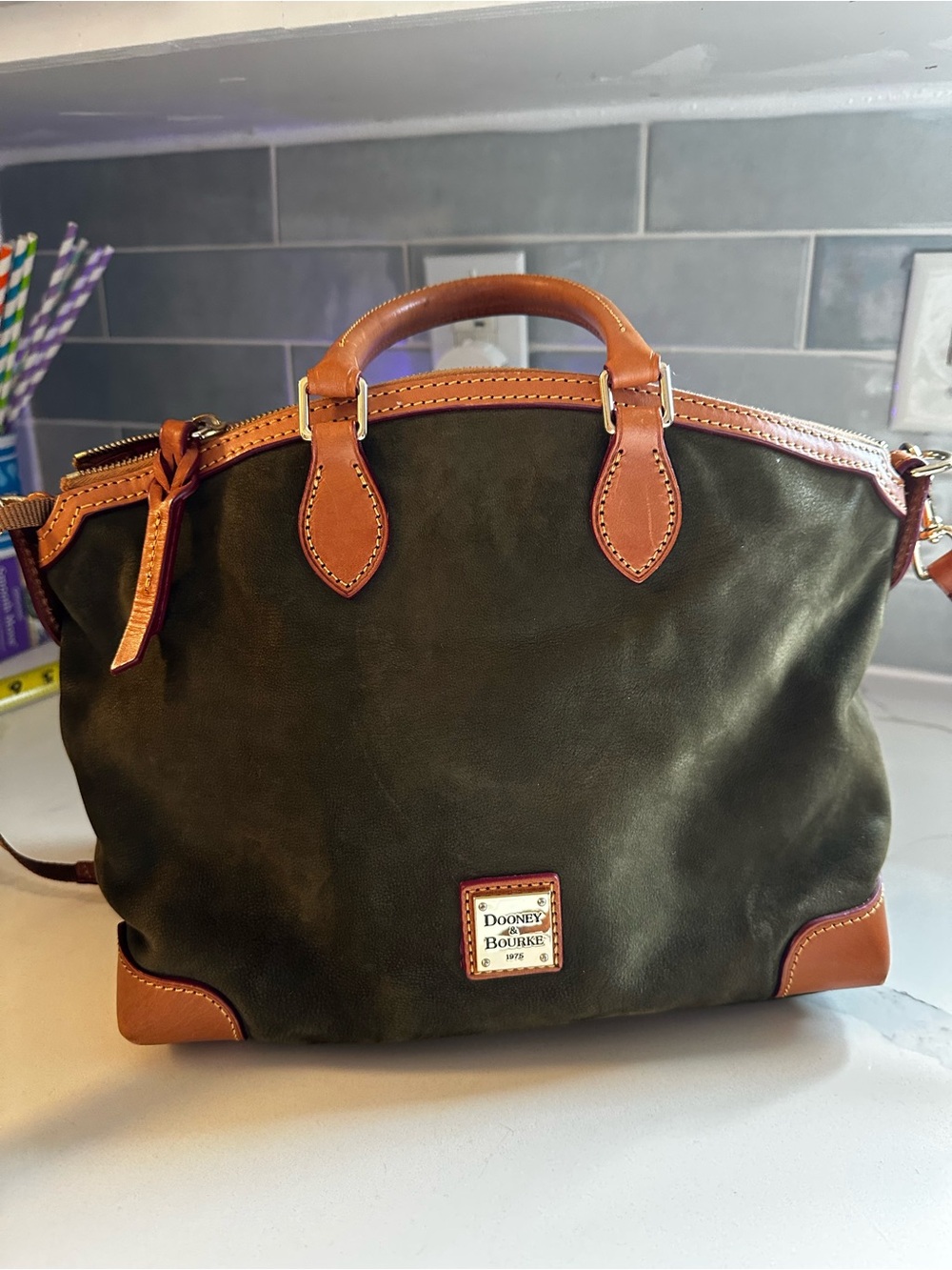 Dooney & Bourke Olive and Tan Leather-Trimmed Satchel